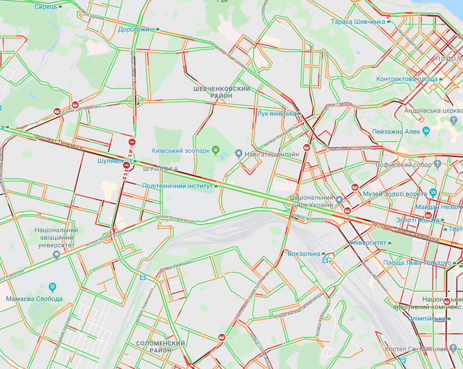 Карта пробок на правом берегу Киева 6 ноября