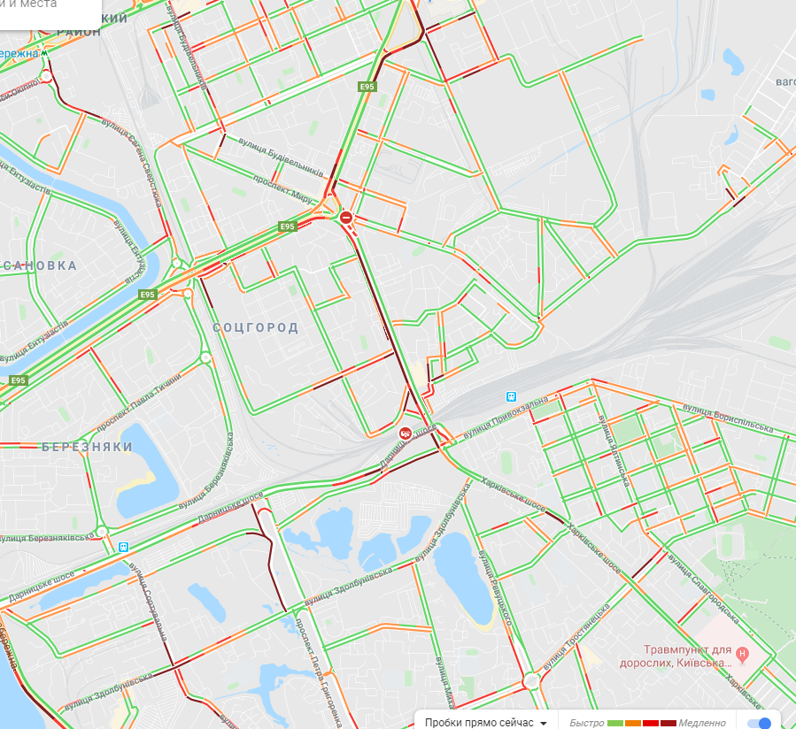 Карта пробок на левом берегу Киева 29 октября